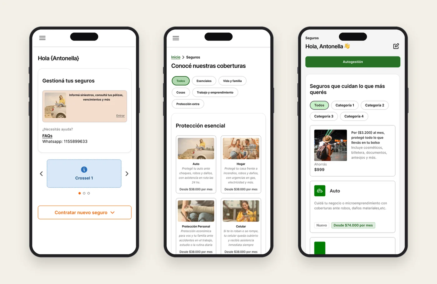 Tres exploraciones de la pantalla de seguros en mobile