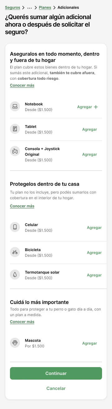 Pantalla anterior de bienes adicionales, con la lista completa desplegada