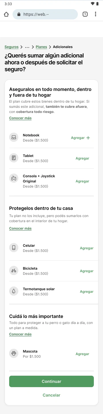 Pantalla mobile de bienes adicionales del seguro de hogar