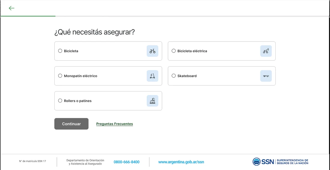 Pantalla para elegir qué movilidad asegurar