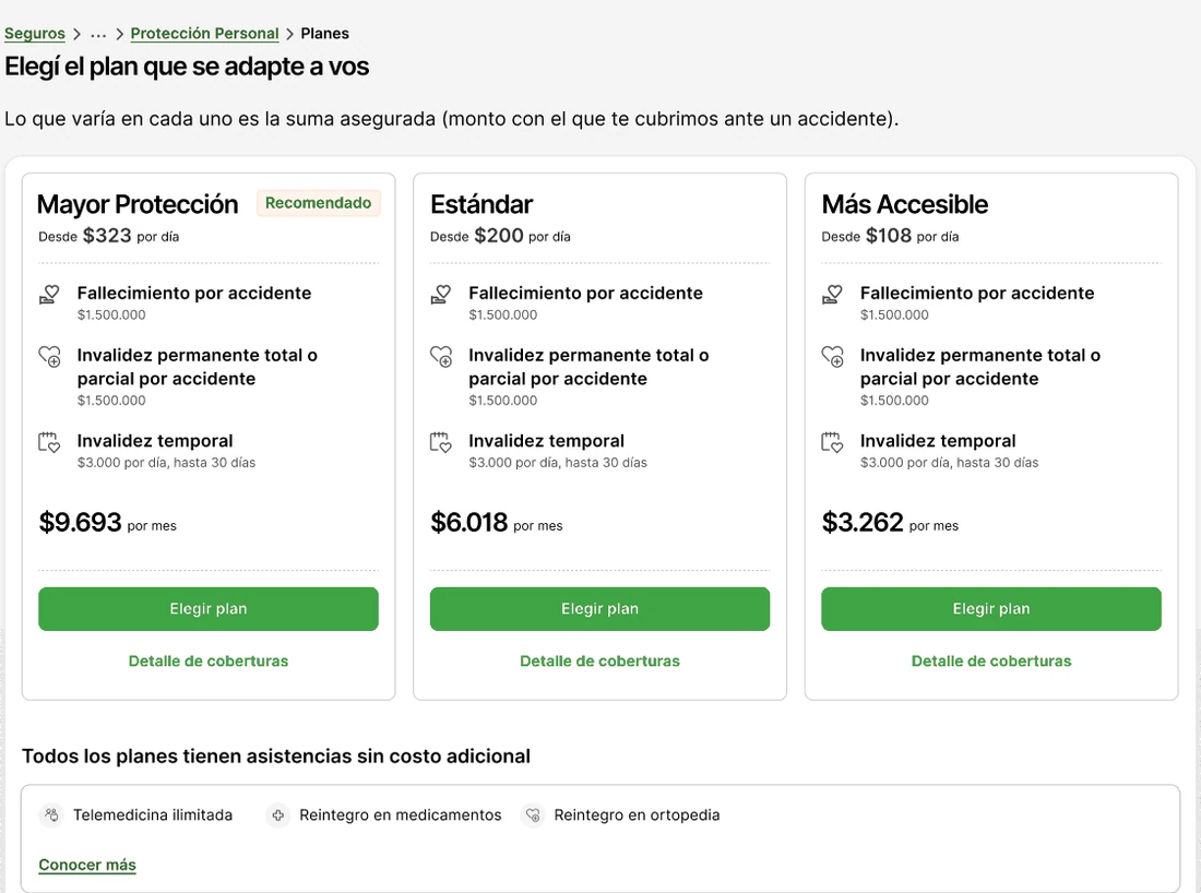 Pantalla anterior con tres planes para elegir
