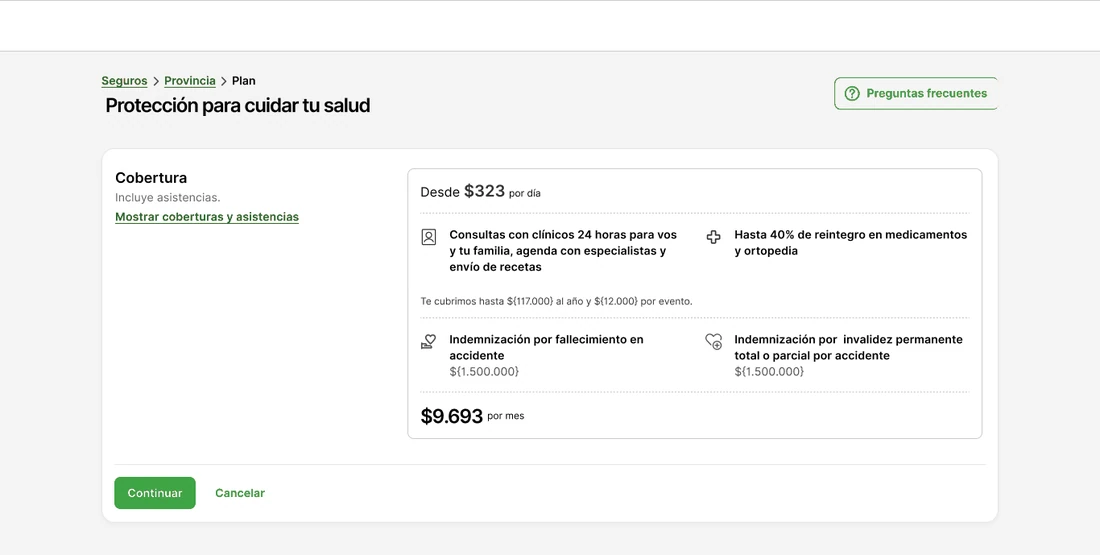 Pantalla nueva con un único plan y sus coberturas