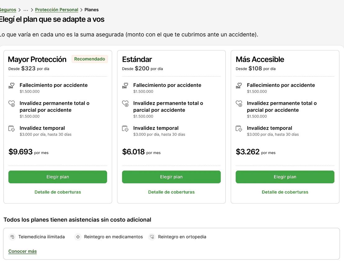 Pantalla de elección entre tres planes de protección personal