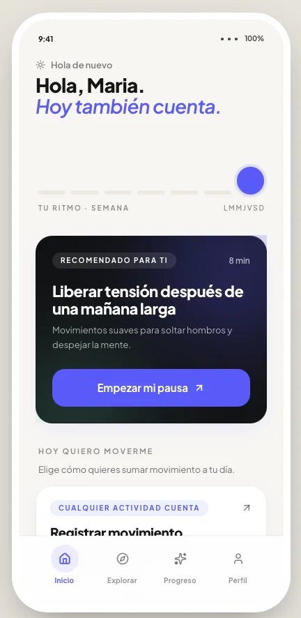 Pantalla de inicio con la recomendación del día