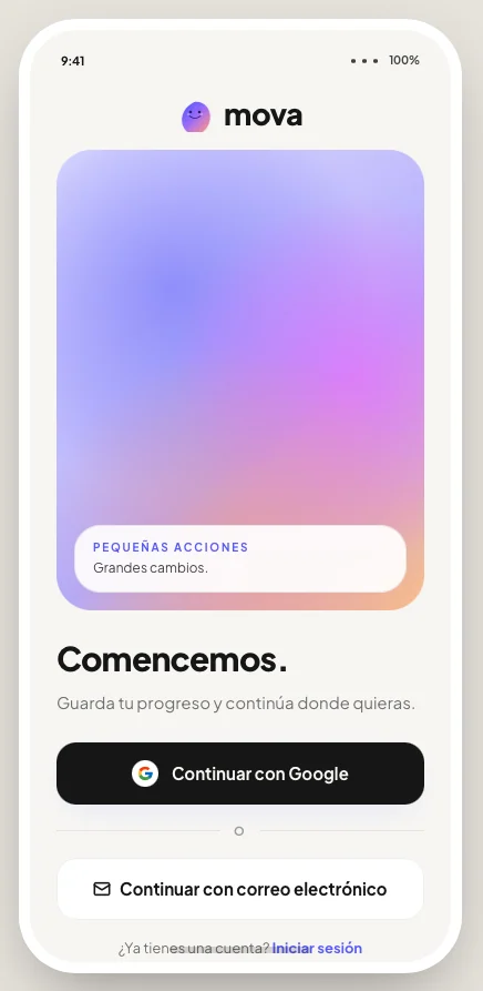 Pantalla de inicio de sesión de Mova